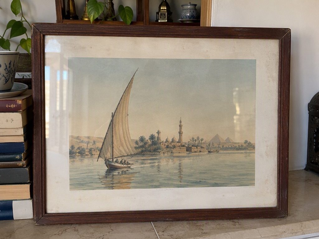 Lithograph of a Nile gallabia, framed under archival glass