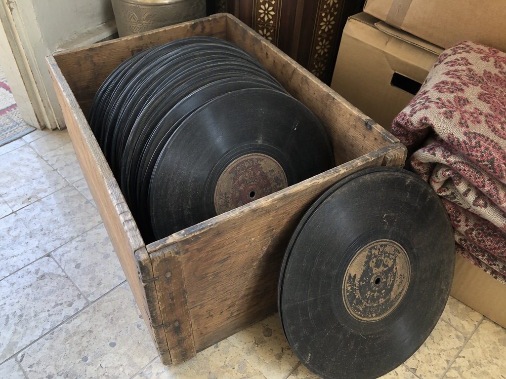 Crate of thirty Arabic seventy-eight rpm records, soot labels