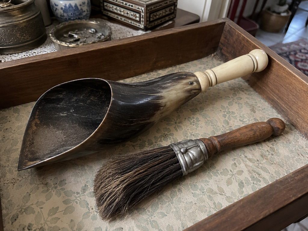 Buffalo-horn scoop with a bone handle, and its brush