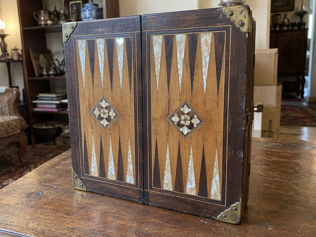 Mother-of-pearl backgammon board with brass corner guards